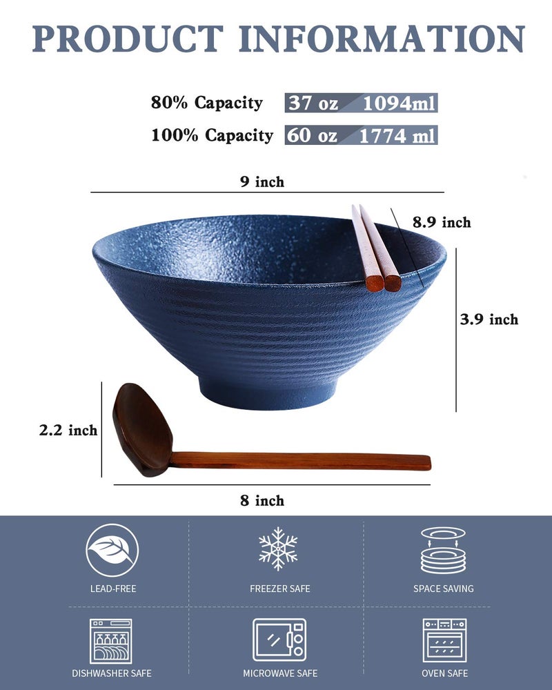 Kanwone Ceramic Japanese Ramen Bowl Set, Noodle Soup Bowls - 60 Ounce, with Matching Spoons and Chopsticks for Udon Soba Pho Asian Noodles, Set of 2, Navy - Image 2